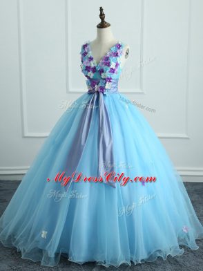 Extravagant Light Blue Sleeveless Appliques and Belt Floor Length Quinceanera Dress