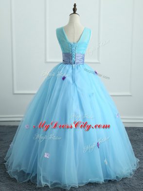 Extravagant Light Blue Sleeveless Appliques and Belt Floor Length Quinceanera Dress