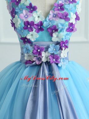 Extravagant Light Blue Sleeveless Appliques and Belt Floor Length Quinceanera Dress