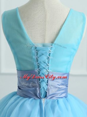 Extravagant Light Blue Sleeveless Appliques and Belt Floor Length Quinceanera Dress