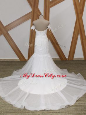 Charming Tulle Off The Shoulder Short Sleeves Court Train Backless Beading Bridal Gown in White