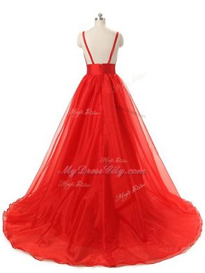 Fashionable Black Backless V-neck Ruching Prom Party Dress Organza Sleeveless Sweep Train