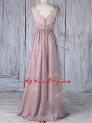 Short Sleeves Clasp Handle Floor Length Lace Bridesmaid Dresses