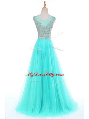 Modest Floor Length A-line Sleeveless Aqua Blue Womens Evening Dresses Side Zipper