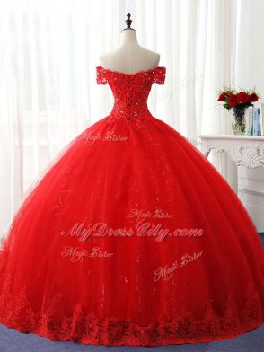 Sleeveless Tulle Floor Length Lace Up Quinceanera Gowns in Red with Beading and Ruffles