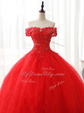 Sleeveless Tulle Floor Length Lace Up Quinceanera Gowns in Red with Beading and Ruffles