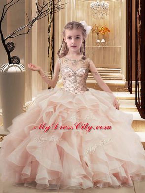 Top Selling Scoop Sleeveless Brush Train Lace Up Little Girls Pageant Dress Wholesale Peach Tulle