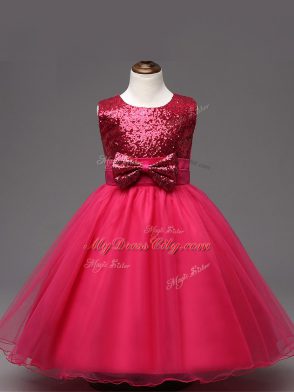 Stunning Hot Pink Ball Gowns Organza Scoop Sleeveless Sequins and Bowknot Tea Length Zipper Party Dress for Toddlers