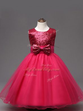 Stunning Hot Pink Ball Gowns Organza Scoop Sleeveless Sequins and Bowknot Tea Length Zipper Party Dress for Toddlers