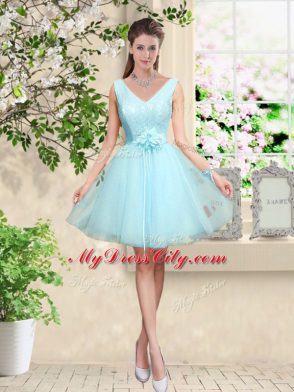 Customized Sweetheart Sleeveless Wedding Party Dress Knee Length Lace and Belt Aqua Blue Tulle