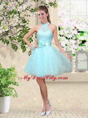 Customized Sweetheart Sleeveless Wedding Party Dress Knee Length Lace and Belt Aqua Blue Tulle