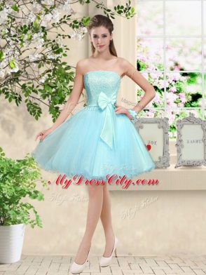 Customized Sweetheart Sleeveless Wedding Party Dress Knee Length Lace and Belt Aqua Blue Tulle