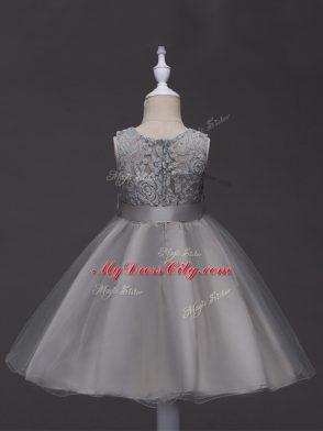 Romantic Ball Gowns Toddler Flower Girl Dress Grey Scoop Tulle Sleeveless Knee Length Zipper