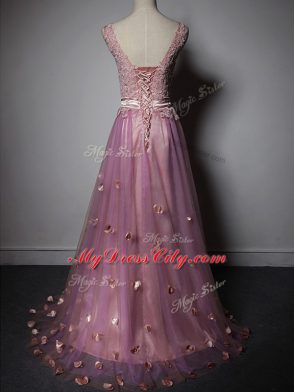 Custom Fit Lilac A-line Beading and Lace and Appliques and Hand Made Flower Prom Dress Lace Up Tulle Sleeveless