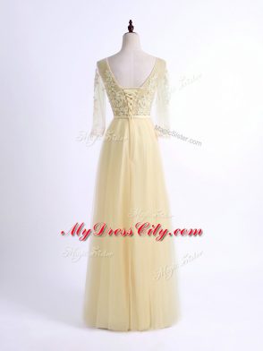 Light Yellow Half Sleeves Floor Length Lace Lace Up Dama Dress for Quinceanera