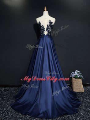 Popular Scoop Sleeveless Prom Dresses Brush Train Beading and Appliques Navy Blue Taffeta