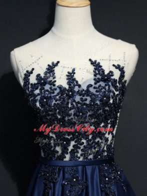 Popular Scoop Sleeveless Prom Dresses Brush Train Beading and Appliques Navy Blue Taffeta