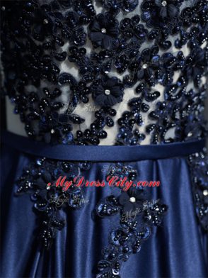 Popular Scoop Sleeveless Prom Dresses Brush Train Beading and Appliques Navy Blue Taffeta