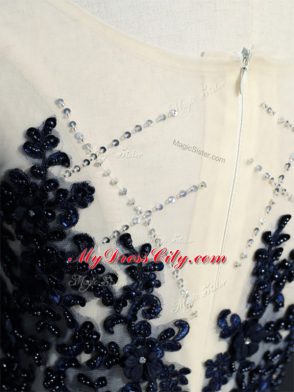 Popular Scoop Sleeveless Prom Dresses Brush Train Beading and Appliques Navy Blue Taffeta