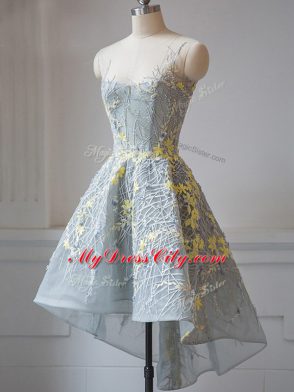 Lovely Grey Criss Cross Scoop Lace Dama Dress for Quinceanera Tulle Sleeveless