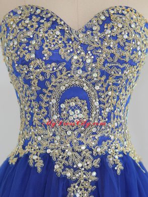 Elegant Royal Blue Tulle Zipper Sweetheart Sleeveless Mini Length Prom Gown Beading