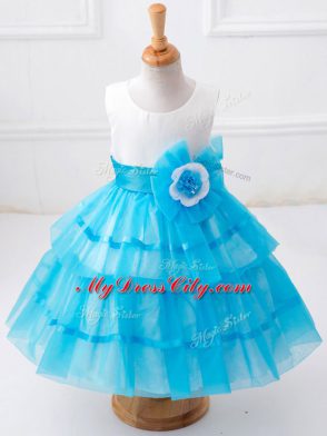 Baby Blue Child Pageant Dress Wedding Party with Ruffled Layers and Hand Made Flower Scoop Sleeveless Zipper