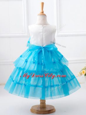 Baby Blue Child Pageant Dress Wedding Party with Ruffled Layers and Hand Made Flower Scoop Sleeveless Zipper