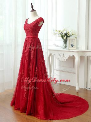 Discount Red Celebrity Dress Prom and Party with Lace and Appliques V-neck Cap Sleeves Brush Train Lace Up