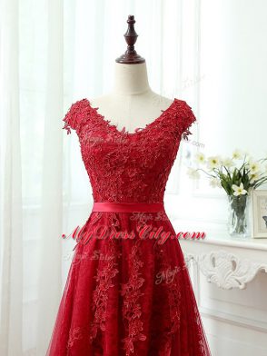 Discount Red Celebrity Dress Prom and Party with Lace and Appliques V-neck Cap Sleeves Brush Train Lace Up