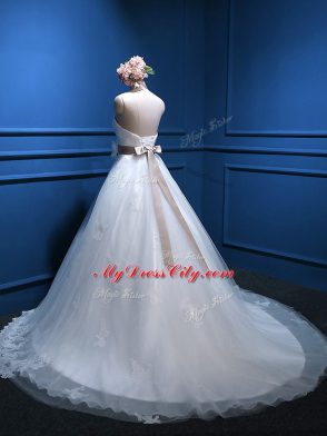 White Sleeveless Brush Train Appliques and Hand Made Flower Wedding Gowns