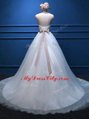 White Sleeveless Brush Train Appliques and Hand Made Flower Wedding Gowns