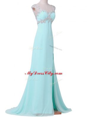 High End Backless Prom Gown Aqua Blue for Prom and Party and Military Ball with Beading