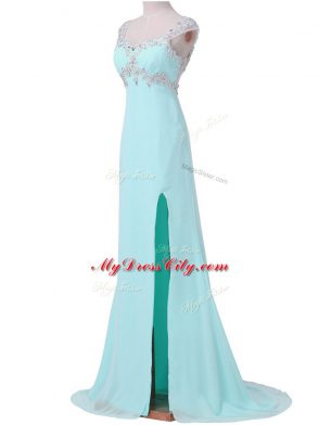 High End Backless Prom Gown Aqua Blue for Prom and Party and Military Ball with Beading