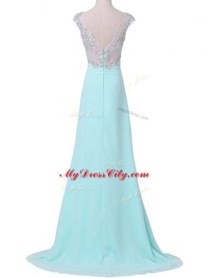 High End Backless Prom Gown Aqua Blue for Prom and Party and Military Ball with Beading