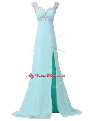 High End Backless Prom Gown Aqua Blue for Prom and Party and Military Ball with Beading