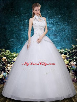 Beading and Embroidery Wedding Gowns White Lace Up Sleeveless Floor Length