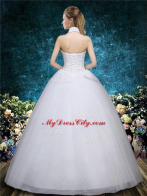 Beading and Embroidery Wedding Gowns White Lace Up Sleeveless Floor Length