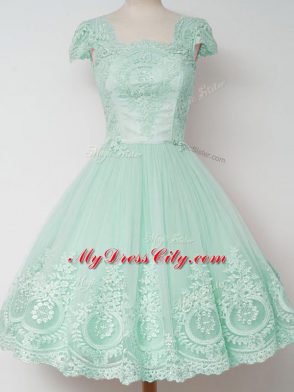 Apple Green Quinceanera Court of Honor Dress Prom and Party and Wedding Party with Lace Square Cap Sleeves Zipper