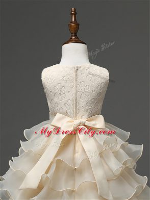 Amazing Champagne Zipper Toddler Flower Girl Dress Lace and Ruffled Layers and Bowknot Sleeveless Knee Length