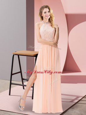 Modest Peach Chiffon Backless Prom Gown Sleeveless Floor Length Sequins