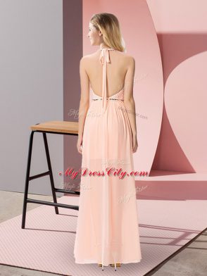 Modest Peach Chiffon Backless Prom Gown Sleeveless Floor Length Sequins