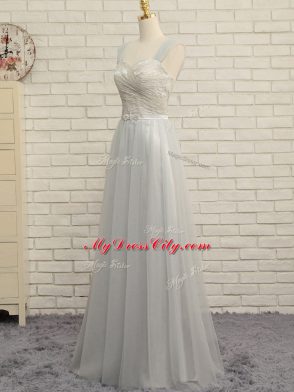 Wonderful Grey Tulle Zipper Court Dresses for Sweet 16 Sleeveless Floor Length Sweep Train Lace