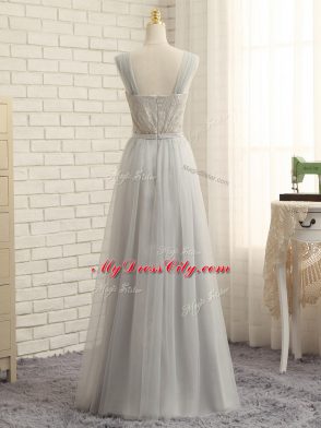 Wonderful Grey Tulle Zipper Court Dresses for Sweet 16 Sleeveless Floor Length Sweep Train Lace