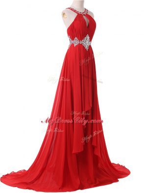 Sleeveless Brush Train Lace Up Beading and Ruching Formal Dresses