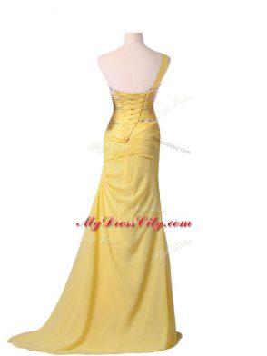 Hot Sale Blue Column/Sheath One Shoulder Sleeveless Chiffon Brush Train Lace Up Beading and Ruching Evening Outfits