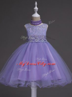 Lavender Scoop Neckline Beading and Lace Party Dress Sleeveless Zipper