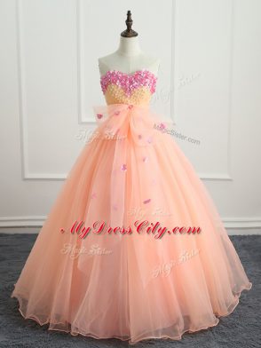 Sweetheart Sleeveless Organza Quinceanera Gown Beading and Appliques and Bowknot Lace Up