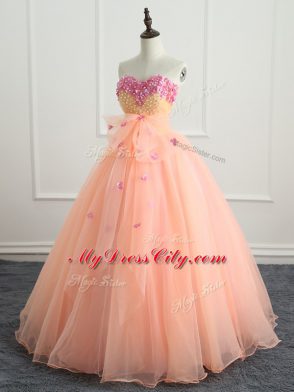 Sweetheart Sleeveless Organza Quinceanera Gown Beading and Appliques and Bowknot Lace Up