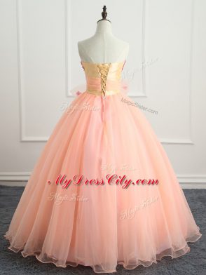 Sweetheart Sleeveless Organza Quinceanera Gown Beading and Appliques and Bowknot Lace Up