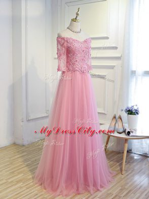 Super 3 4 Length Sleeve Tulle Floor Length Lace Up Mother Dresses in Pink with Beading and Lace and Appliques